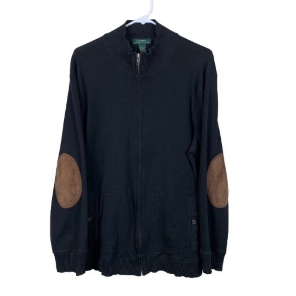 Vintage Y2K Lauren Ralph Lauren Men’s Full Zip Cardigan Elbow Patches Black - Si